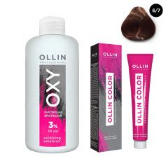 Ollin Professional Color - Набор (Перманентная крем-краска для волос 6/7 темно-русый коричневый 100 мл. Окисляющая эмульсия Oxy 3% 150 мл) Ollin Professional (Россия) купить по цене 339 руб.