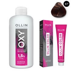Ollin Professional Color - Набор (Перманентная крем-краска для волос 5/7 светлый шатен коричневый 100 мл, Окисляющая эмульсия Oxy 1,5% 150 мл) Ollin Professional (Россия) купить по цене 339 руб.