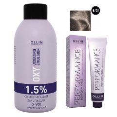 Ollin Professional Performance - Набор (Перманентная крем-краска для волос 8/21 светло-русый фиолетово-пепельный 100 мл, Окисляющая эмульсия Oxy 1,5% 150 мл) Ollin Professional (Россия) купить по цене 440 руб.