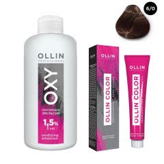 Ollin Professional Color - Набор (Перманентная крем-краска для волос 6/0 темно-русый 100 мл, Окисляющая эмульсия Oxy 1,5% 150 мл) Ollin Professional (Россия) купить по цене 339 руб.