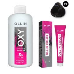 Ollin Professional Color - Набор (Перманентная крем-краска для волос 1/0 иссиня-черный 100 мл, Окисляющая эмульсия Oxy 3% 150 мл) Ollin Professional (Россия) купить по цене 339 руб.
