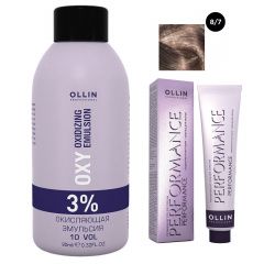 Ollin Professional Performance - Набор (Перманентная крем-краска для волос 8/7 светло-русый коричневый 100 мл, Окисляющая эмульсия Oxy 3% 150 мл) Ollin Professional (Россия) купить по цене 350 руб.