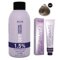 Ollin Professional Performance - Набор (Перманентная крем-краска для волос 10/1 светлый блондин пепельный 100 мл, Окисляющая эмульсия Oxy 1,5% 150 мл) Ollin Professional (Россия) купить по цене 440 руб.