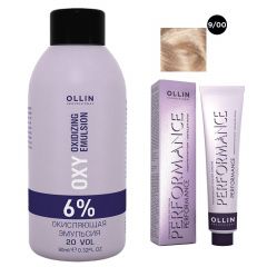Ollin Professional Performance - Набор (Перманентная крем-краска для волос 9/00 блондин глубокий 100 мл, Окисляющая эмульсия Oxy 6% 150 мл) Ollin Professional (Россия) купить по цене 350 руб.