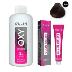 Ollin Professional Color - Набор (Перманентная крем-краска для волос 3/0 темный шатен 100 мл, Окисляющая эмульсия Oxy 3% 150 мл) Ollin Professional (Россия) купить по цене 339 руб.