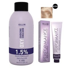 Ollin Professional Performance - Набор (Перманентная крем-краска для волос 9/00 блондин глубокий 100 мл, Окисляющая эмульсия Oxy 1,5% 150 мл) Ollin Professional (Россия) купить по цене 350 руб.