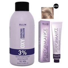 Ollin Professional Performance - Набор (Перманентная крем-краска для волос 8/00 светло-русый глубокий 100 мл, Окисляющая эмульсия Oxy 3% 150 мл) Ollin Professional (Россия) купить по цене 458 руб.