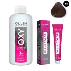 Ollin Professional Color - Набор (Перманентная крем-краска для волос 4/1 шатен пепельный 100 мл, Окисляющая эмульсия Oxy 3% 150 мл) Ollin Professional (Россия) купить по цене 339 руб.
