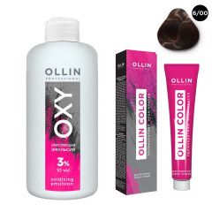 Ollin Professional Color - Набор (Перманентная крем-краска для волос 6/00 темно-русый глубокий 100 мл, Окисляющая эмульсия Oxy 3% 150 мл) Ollin Professional (Россия) купить по цене 339 руб.