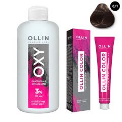 Ollin Professional Color - Набор (Перманентная крем-краска для волос 6/1 темно-русый пепельный 100 мл, Окисляющая эмульсия Oxy 3% 150 мл) Ollin Professional (Россия) купить по цене 339 руб.