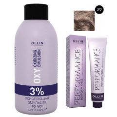 Ollin Professional Performance - Набор (Перманентная крем-краска для волос 7/7 русый коричневый 100 мл, Окисляющая эмульсия Oxy 3% 150 мл) Ollin Professional (Россия) купить по цене 350 руб.