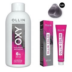 Ollin Professional Color - Набор (Перманентная крем-краска для волос 9/81 блондин жемчужно-пепельный 100 мл, Окисляющая эмульсия Oxy 6% 150 мл) Ollin Professional (Россия) купить по цене 339 руб.