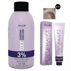 Ollin Professional Performance - Набор (Перманентная крем-краска для волос 8/72 светло-русый коричнево-фиолетовый 100 мл, Окисляющая эмульсия Oxy 3% 150 мл) Ollin Professional (Россия) купить по цене 350 руб.