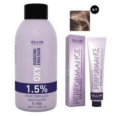 Ollin Professional Performance - Набор (Перманентная крем-краска для волос 8/7 светло-русый коричневый 100 мл, Окисляющая эмульсия Oxy 1,5% 150 мл) Ollin Professional (Россия) купить по цене 350 руб.