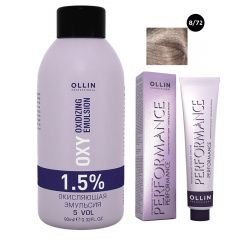 Ollin Professional Performance - Набор (Перманентная крем-краска для волос 8/72 светло-русый коричнево-фиолетовый 100 мл, Окисляющая эмульсия Oxy 1,5% 150 мл) Ollin Professional (Россия) купить по цене 350 руб.