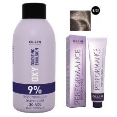 Ollin Professional Performance - Набор (Перманентная крем-краска для волос 8/21 светло-русый фиолетово-пепельный 100 мл, Окисляющая эмульсия Oxy 9% 150 мл) Ollin Professional (Россия) купить по цене 458 руб.