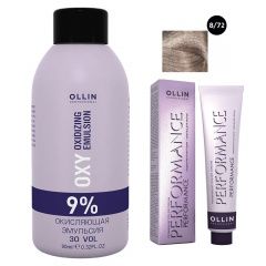 Ollin Professional Performance - Набор (Перманентная крем-краска для волос 8/72 светло-русый коричнево-фиолетовый 100 мл, Окисляющая эмульсия Oxy 9% 150 мл) Ollin Professional (Россия) купить по цене 350 руб.