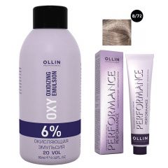 Ollin Professional Performance - Набор (Перманентная крем-краска для волос 8/72 светло-русый коричнево-фиолетовый 100 мл, Окисляющая эмульсия Oxy 6% 150 мл) Ollin Professional (Россия) купить по цене 461 руб.