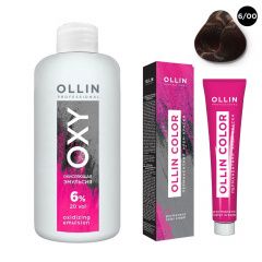 Ollin Professional Color - Набор (Перманентная крем-краска для волос 6/00 темно-русый глубокий 100 мл, Окисляющая эмульсия Oxy 6% 150 мл) Ollin Professional (Россия) купить по цене 339 руб.