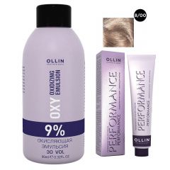 Ollin Professional Performance - Набор (Перманентная крем-краска для волос 8/00 светло-русый глубокий 100 мл, Окисляющая эмульсия Oxy 9% 150 мл) Ollin Professional (Россия) купить по цене 350 руб.