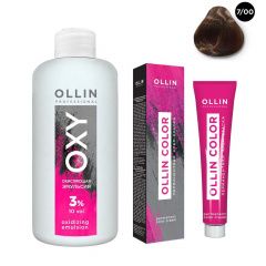 Ollin Professional Color - Набор (Перманентная крем-краска для волос 7/00 русый глубокий 100 мл, Окисляющая эмульсия Oxy 3% 150 мл) Ollin Professional (Россия) купить по цене 339 руб.