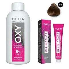 Ollin Professional Color - Набор (Перманентная крем-краска для волос 8/21 светло-русый фиолетово-пепельный 100 мл, Окисляющая эмульсия Oxy 6% 150 мл) Ollin Professional (Россия) купить по цене 339 руб.