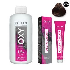 Ollin Professional Color - Набор (Перманентная крем-краска для волос 6/00 темно-русый глубокий 100 мл, Окисляющая эмульсия Oxy 1,5% 150 мл) Ollin Professional (Россия) купить по цене 339 руб.