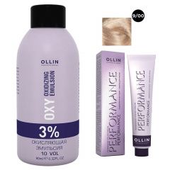 Ollin Professional Performance - Набор (Перманентная крем-краска для волос 9/00 блондин глубокий 100 мл, Окисляющая эмульсия Oxy 3% 150 мл) Ollin Professional (Россия) купить по цене 458 руб.