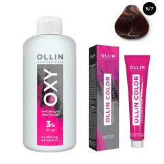 Ollin Professional Color - Набор (Перманентная крем-краска для волос 5/7 светлый шатен коричневый 100 мл, Окисляющая эмульсия Oxy 3% 150 мл) Ollin Professional (Россия) купить по цене 339 руб.