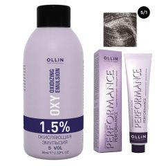 Ollin Professional Performance - Набор (Перманентная крем-краска для волос 5/1 светлый шатен пепельный 100 мл, Окисляющая эмульсия Oxy 1,5% 150 мл) Ollin Professional (Россия) купить по цене 350 руб.
