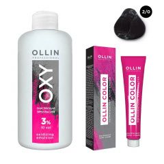 Ollin Professional Color - Набор (Перманентная крем-краска для волос 2/0 черный 100 мл, Окисляющая эмульсия Oxy 3% 150 мл) Ollin Professional (Россия) купить по цене 339 руб.