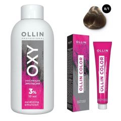 Ollin Professional Color - Набор (Перманентная крем-краска для волос 8/1 светло-русый пепельный 100 мл, Окисляющая эмульсия Oxy 3% 150 мл) Ollin Professional (Россия) купить по цене 339 руб.