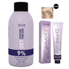 Ollin Professional Performance - Набор (Перманентная крем-краска для волос 9/00 блондин глубокий 100 мл, Окисляющая эмульсия Oxy 9% 150 мл) Ollin Professional (Россия) купить по цене 350 руб.