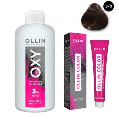 Ollin Professional Color - Набор (Перманентная крем-краска для волос 5/0 светлый шатен 100 мл, Окисляющая эмульсия Oxy 3% 150 мл) Ollin Professional (Россия) купить по цене 339 руб.
