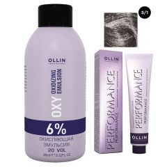 Ollin Professional Performance - Набор (Перманентная крем-краска для волос 5/1 светлый шатен пепельный 100 мл, Окисляющая эмульсия Oxy 6% 150 мл) Ollin Professional (Россия) купить по цене 461 руб.