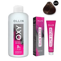 Ollin Professional Color - Набор (Перманентная крем-краска для волос 6/0 темно-русый 100 мл, Окисляющая эмульсия Oxy 3% 150 мл) Ollin Professional (Россия) купить по цене 339 руб.