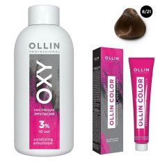 Ollin Professional Color - Набор (Перманентная крем-краска для волос 8/21 светло-русый фиолетово-пепельный 100 мл, Окисляющая эмульсия Oxy 3% 150 мл) Ollin Professional (Россия) купить по цене 339 руб.