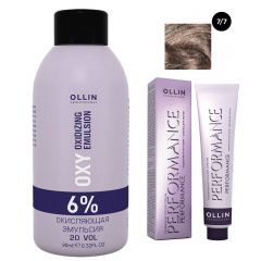 Ollin Professional Performance - Набор (Перманентная крем-краска для волос 7/7 русый коричневый 100 мл, Окисляющая эмульсия Oxy 6% 150 мл) Ollin Professional (Россия) купить по цене 446 руб.
