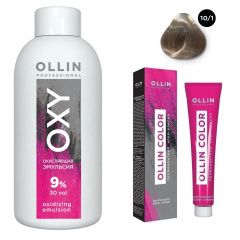 Ollin Professional Color - Набор (Перманентная крем-краска для волос 10/1 светлый блондин пепельный 100 мл, Окисляющая эмульсия Oxy 9% 150 мл) Ollin Professional (Россия) купить по цене 339 руб.