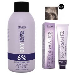 Ollin Professional Performance - Набор (Перманентная крем-краска для волос 8/21 светло-русый фиолетово-пепельный 100 мл, Окисляющая эмульсия Oxy 6% 150 мл) Ollin Professional (Россия) купить по цене 446 руб.