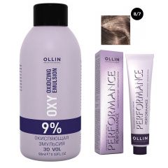 Ollin Professional Performance - Набор (Перманентная крем-краска для волос 8/7 светло-русый коричневый 100 мл, Окисляющая эмульсия Oxy 9% 150 мл) Ollin Professional (Россия) купить по цене 443 руб.