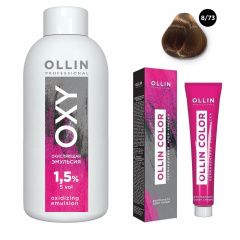 Ollin Professional Color - Набор (Перманентная крем-краска для волос 8/73 светло-русый коричнево-золотистый 100 мл, Окисляющая эмульсия Oxy 1,5% 150 мл) Ollin Professional (Россия) купить по цене 339 руб.