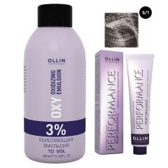 Ollin Professional Performance - Набор (Перманентная крем-краска для волос 5/1 светлый шатен пепельный 100 мл, Окисляющая эмульсия Oxy 3% 150 мл) Ollin Professional (Россия) купить по цене 350 руб.