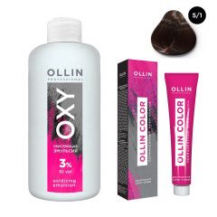 Ollin Professional Color - Набор (Перманентная крем-краска для волос 5/1 светлый шатен пепельный 100 мл, Окисляющая эмульсия Oxy 3% 150 мл) Ollin Professional (Россия) купить по цене 339 руб.