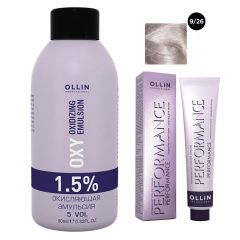 Ollin Professional Performance - Набор (Перманентная крем-краска для волос 9/26 блондин розовый 100 мл, Окисляющая эмульсия Oxy 1,5% 150 мл) Ollin Professional (Россия) купить по цене 458 руб.