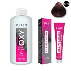 Ollin Professional Color - Набор (Перманентная крем-краска для волос 6/75 темно-русый коричнево-махагоновый 100 мл, Окисляющая эмульсия Oxy 3% 150 мл) Ollin Professional (Россия) купить по цене 339 руб.
